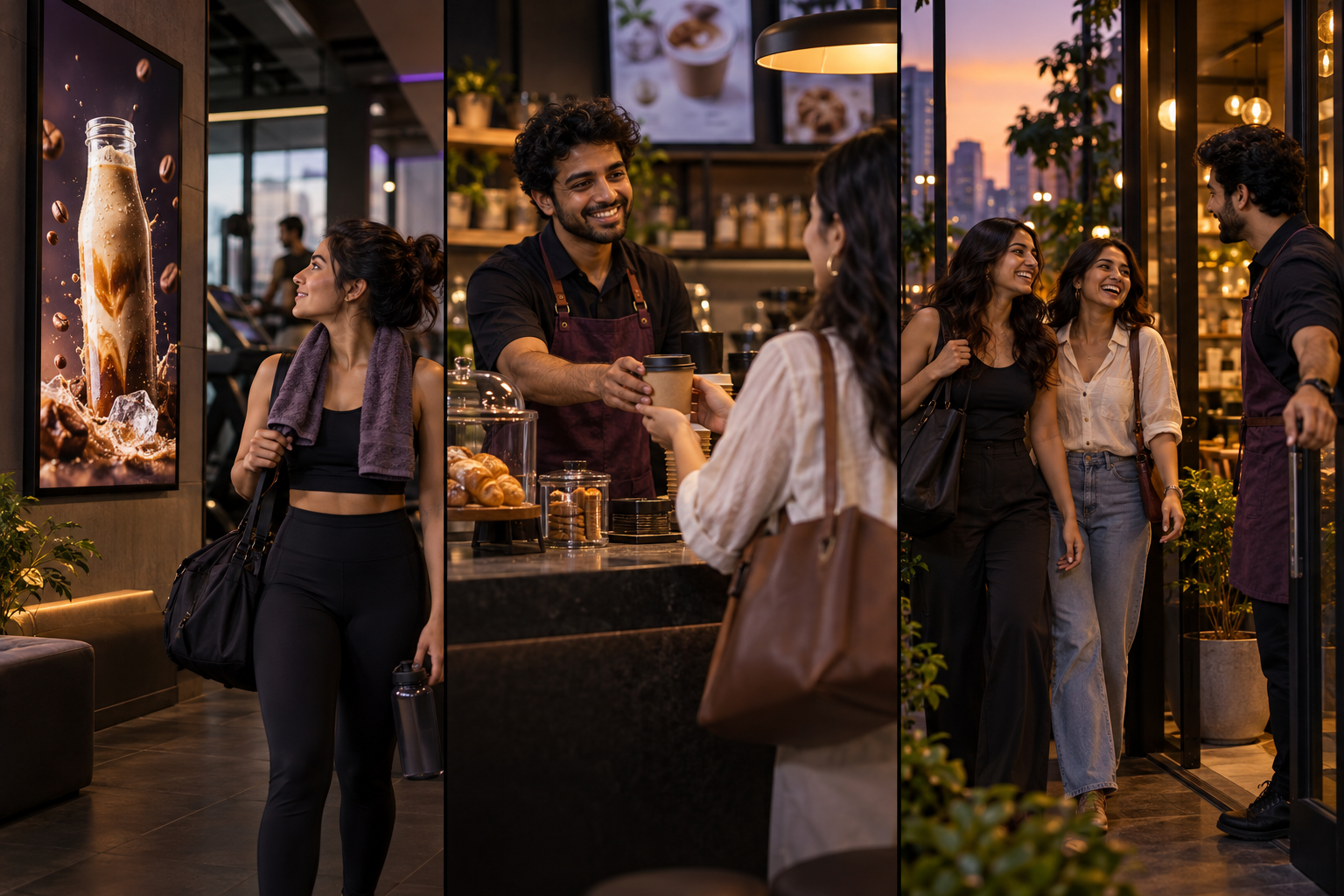 Illustrative story in three scenes: a woman discovers a coffee brand on a gym screen, a cafe owner welcomes a customer, and friends return to the cafe.