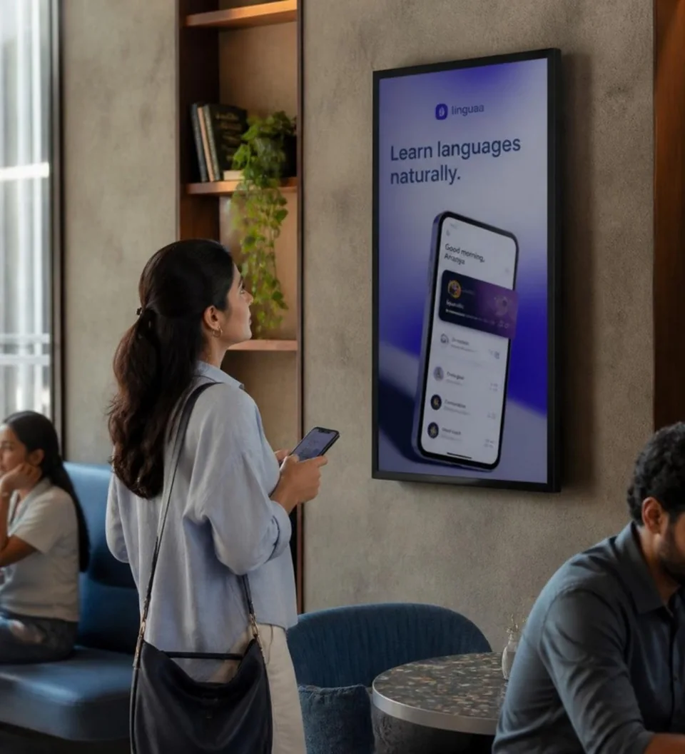 Illustrative language-learning app campaign reaching a café visitor