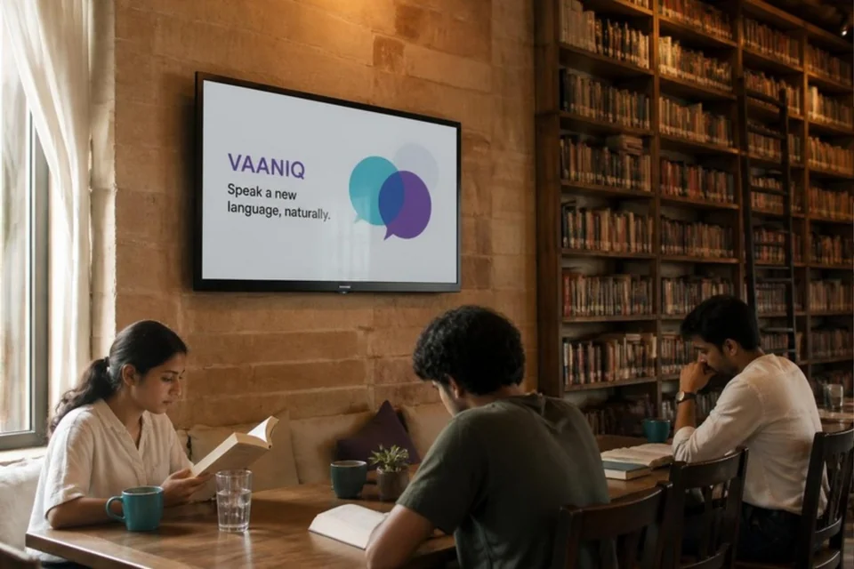 Illustrative language-learning app advertisement on a café screen