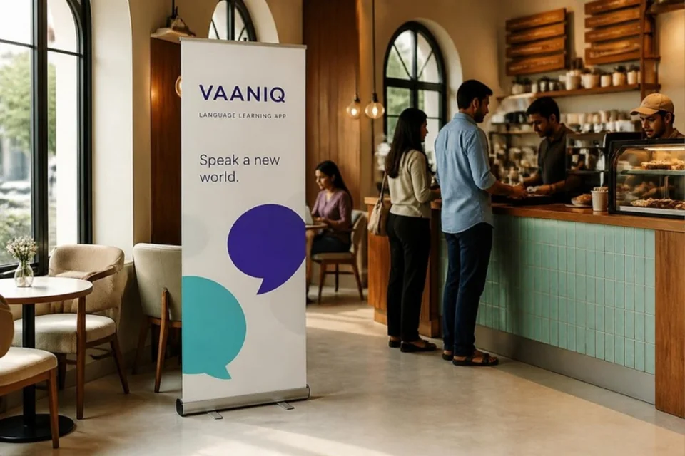 Illustrative printed app campaign standee in a café