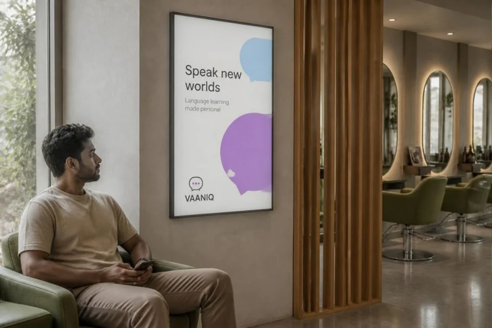 Illustrative app campaign on a printed LED lightbox in a salon