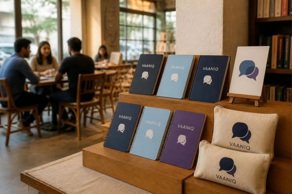 Illustrative app-branded notebooks and pouches displayed in a café