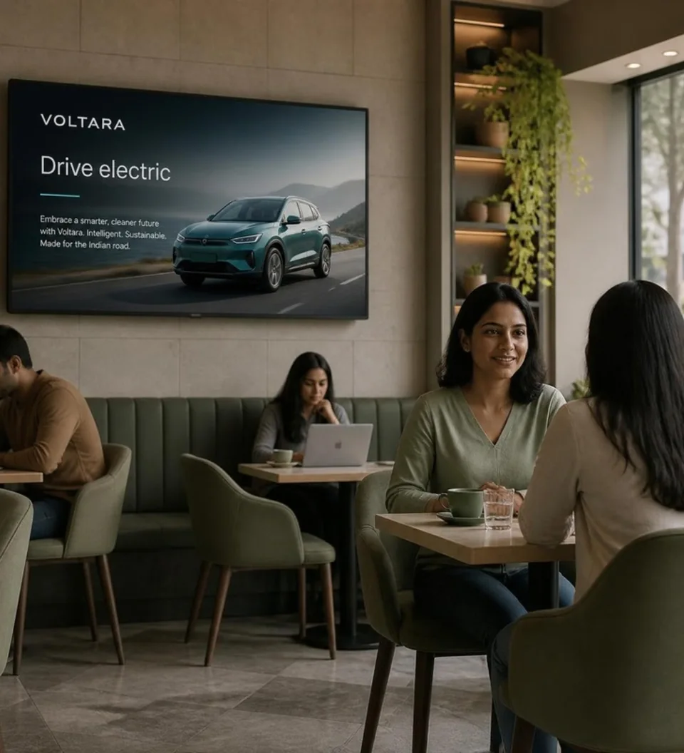 Illustrative electric-car advertisement on a café screen