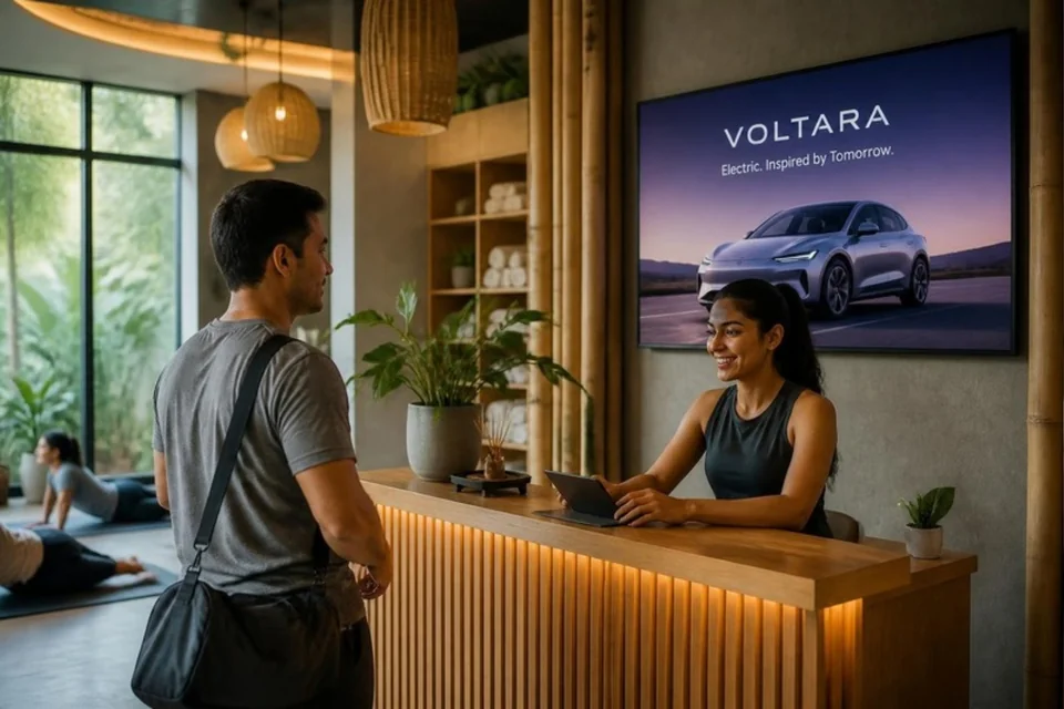 Illustrative car advertisement on a fitness-lounge screen