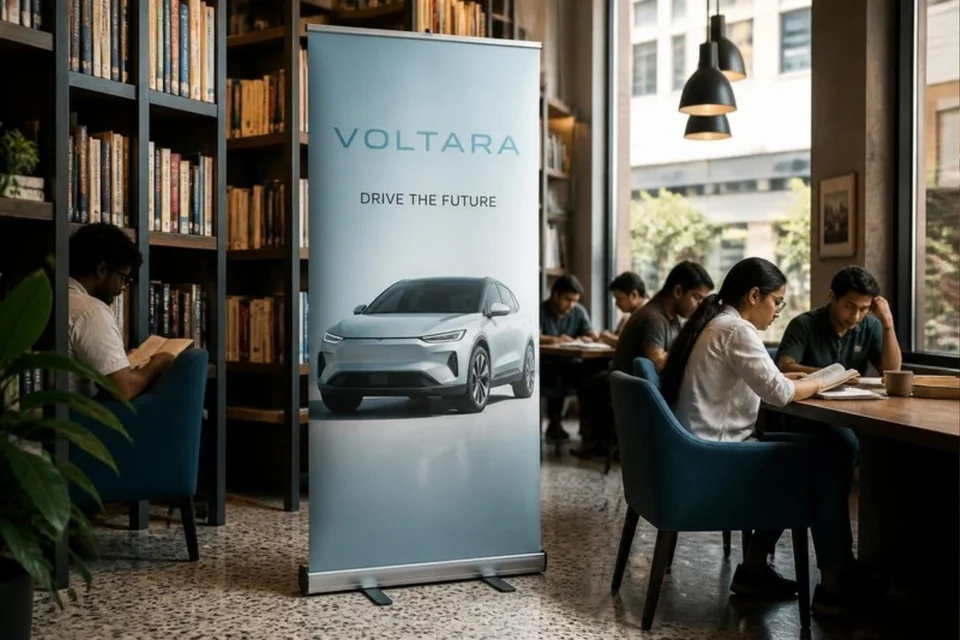 Illustrative printed car campaign standee in a café