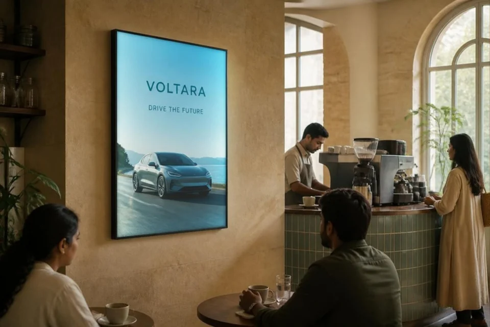 Illustrative car campaign on a printed LED lightbox at a café