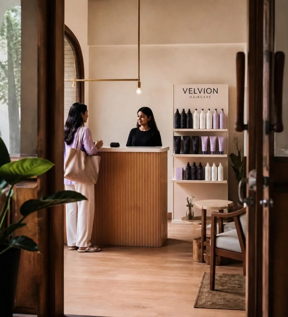 Haircare brand product display in a salon reception