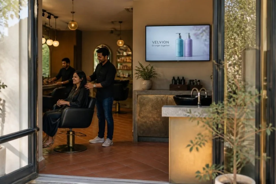 Illustrative haircare campaign on a salon screen