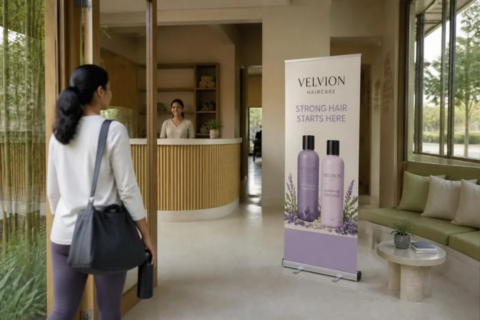Illustrative printed haircare campaign standee at a fitness reception