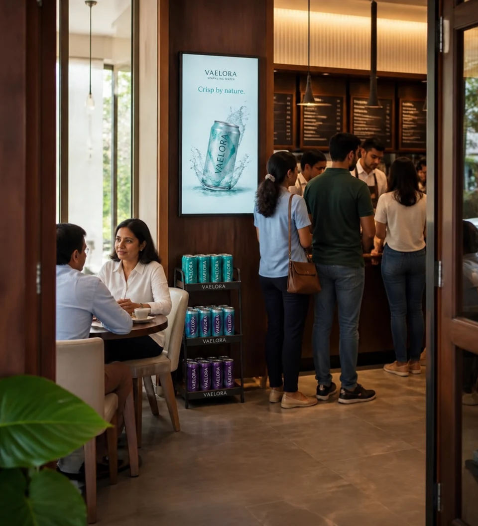 Illustrative sparkling-water campaign and product rack at a café