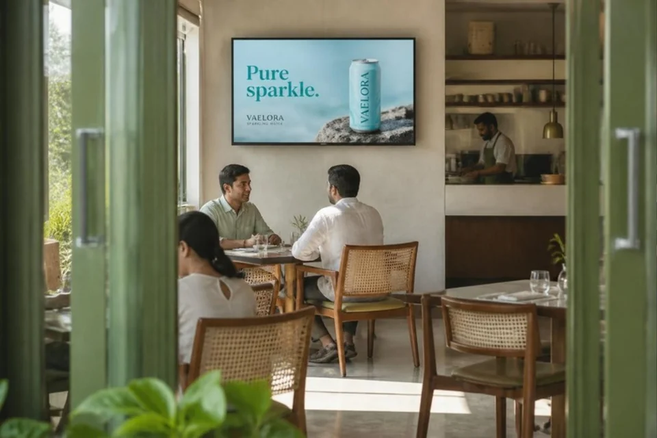 Illustrative sparkling-water advertisement on a café screen