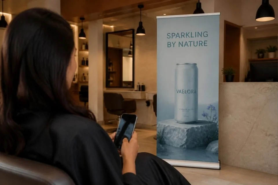 Illustrative printed beverage campaign standee
