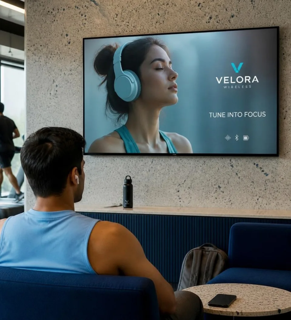Headphone brand advertisement in a fitness lounge