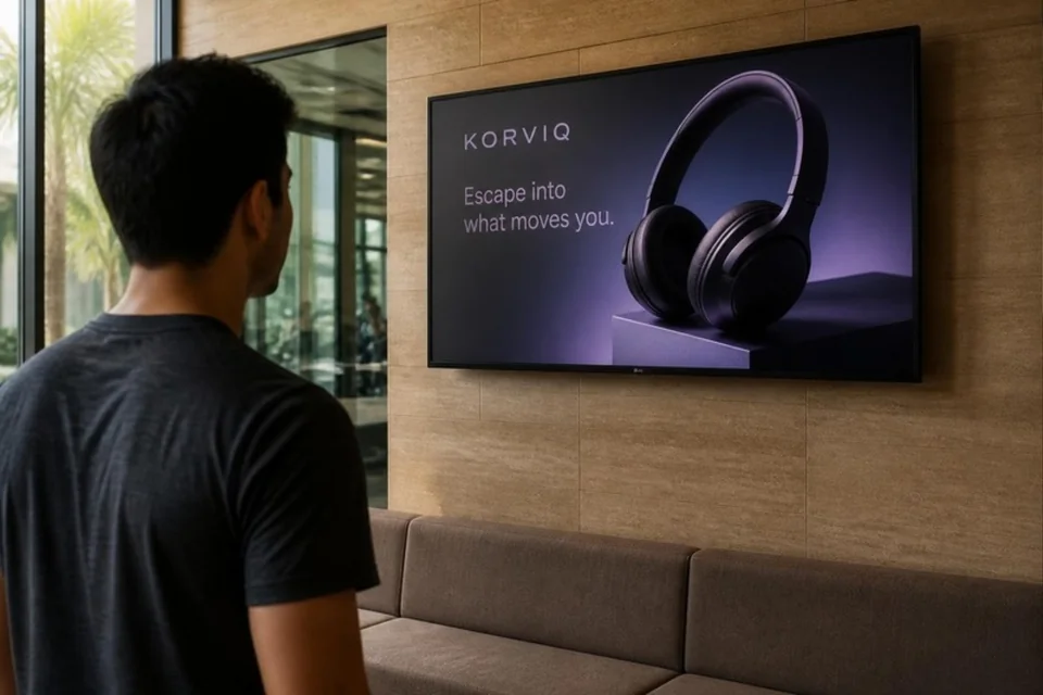 Illustrative headphone advertisement on a gym screen