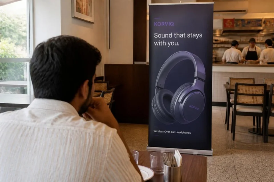 Illustrative printed headphone campaign standee