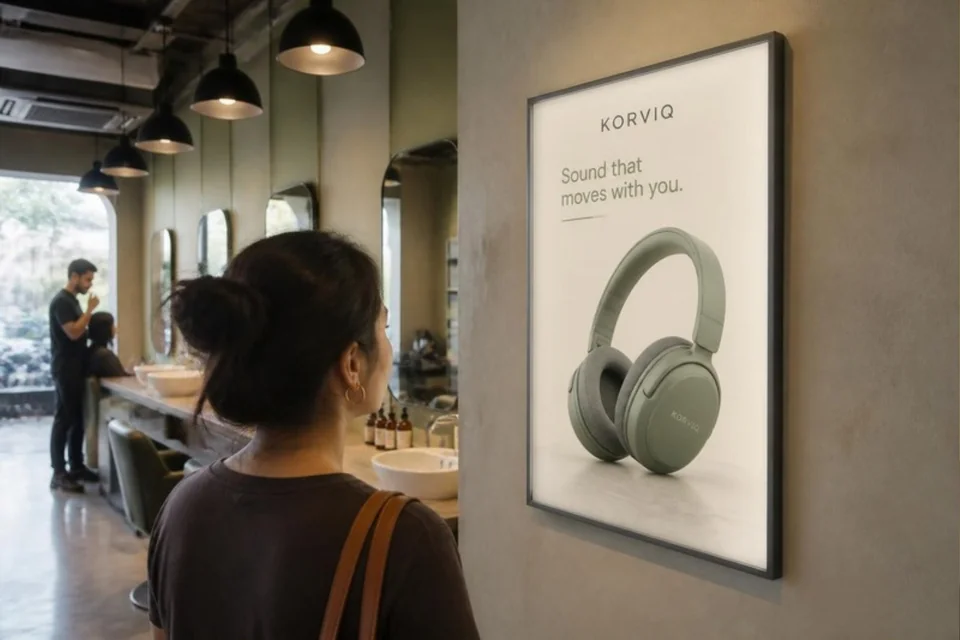 Illustrative headphone campaign on a printed LED lightbox in a salon