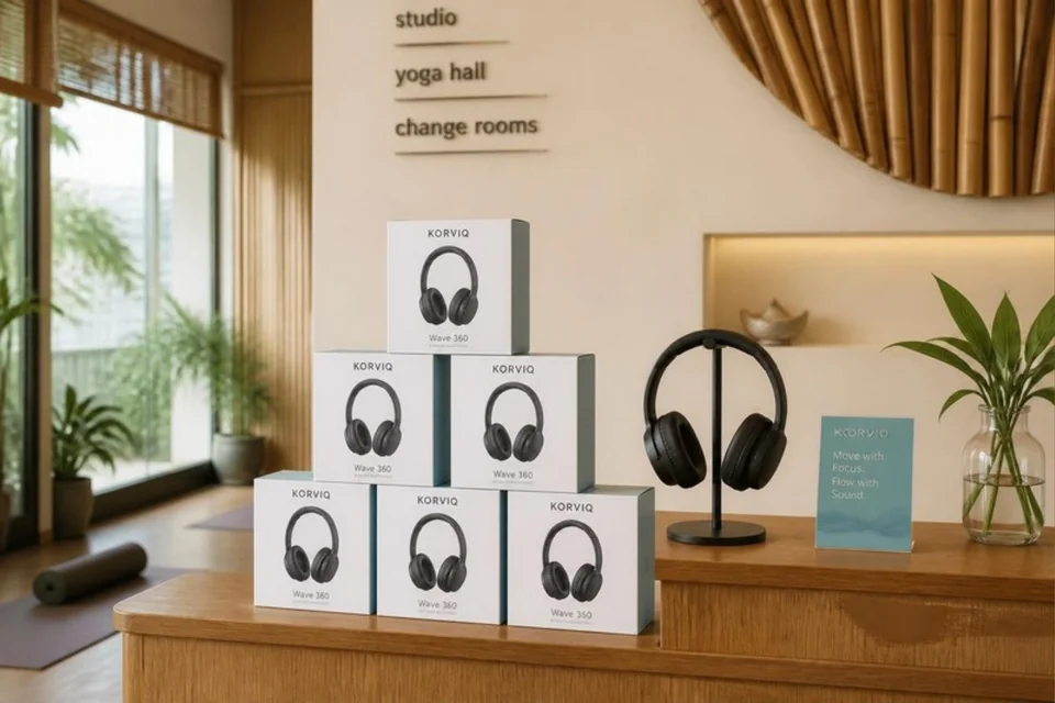 Illustrative boxed headphones and a display unit at a fitness reception