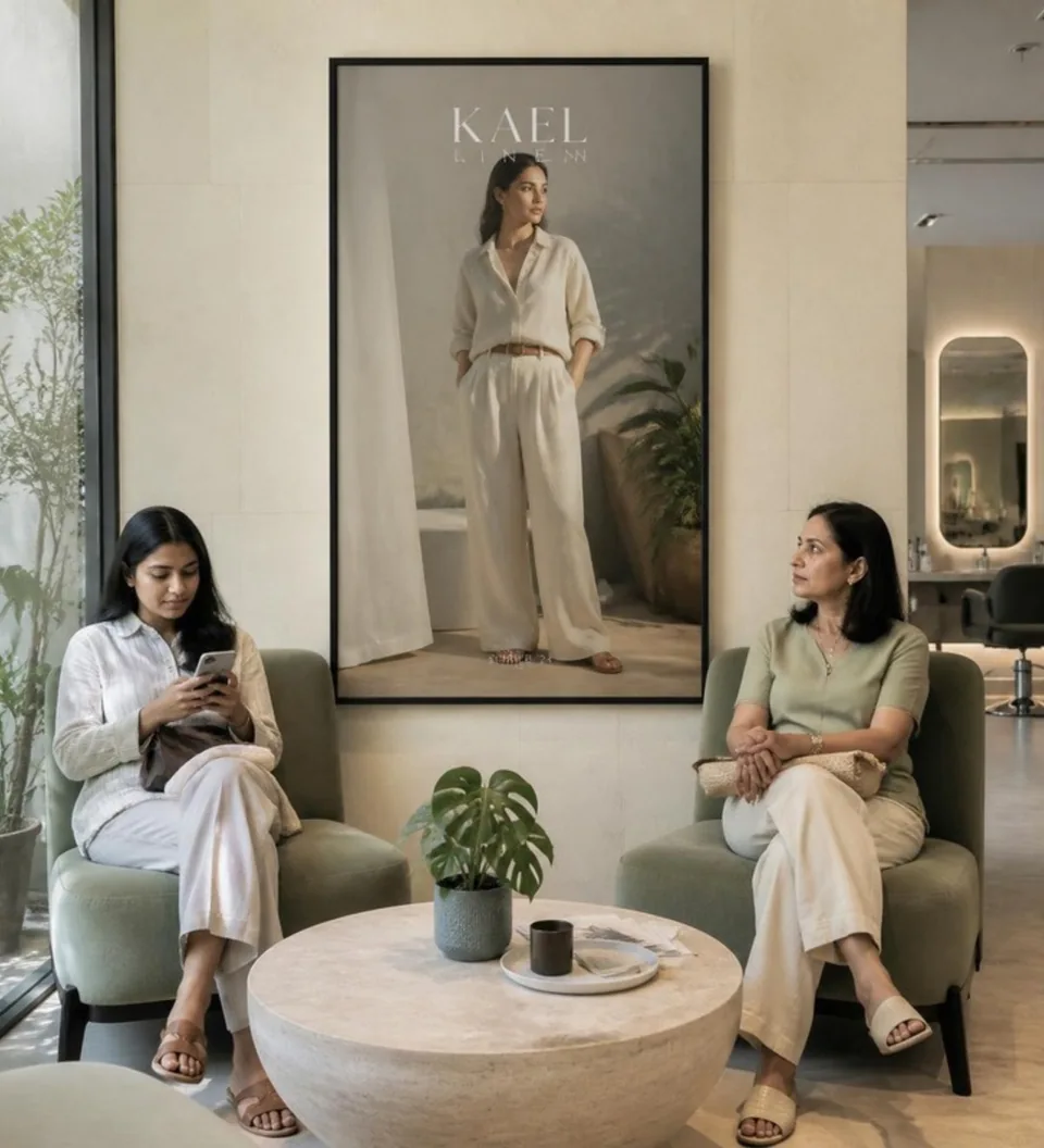 Linen-fashion campaign beside guests in a salon waiting area