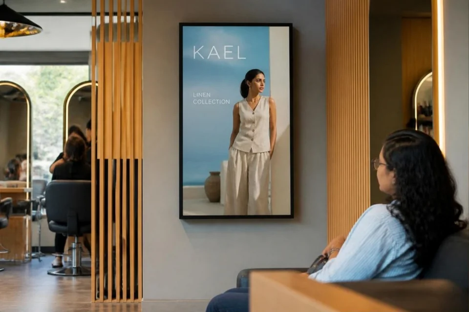 Illustrative fashion campaign on an indoor digital screen