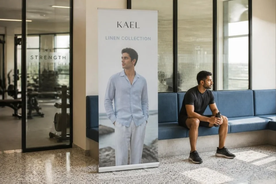 Illustrative printed fashion campaign standee in a gym