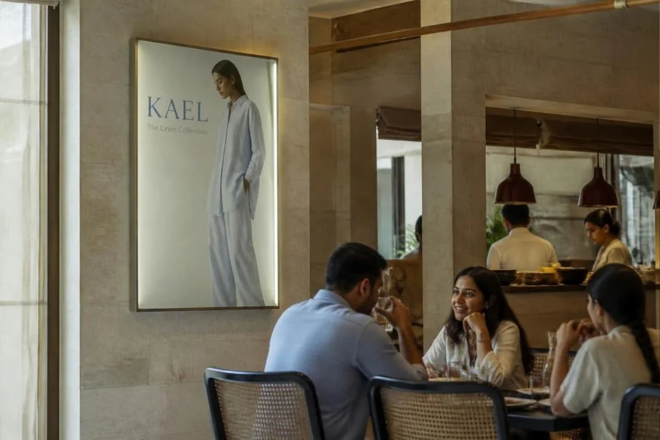 Illustrative fashion campaign on a printed LED lightbox in a restaurant
