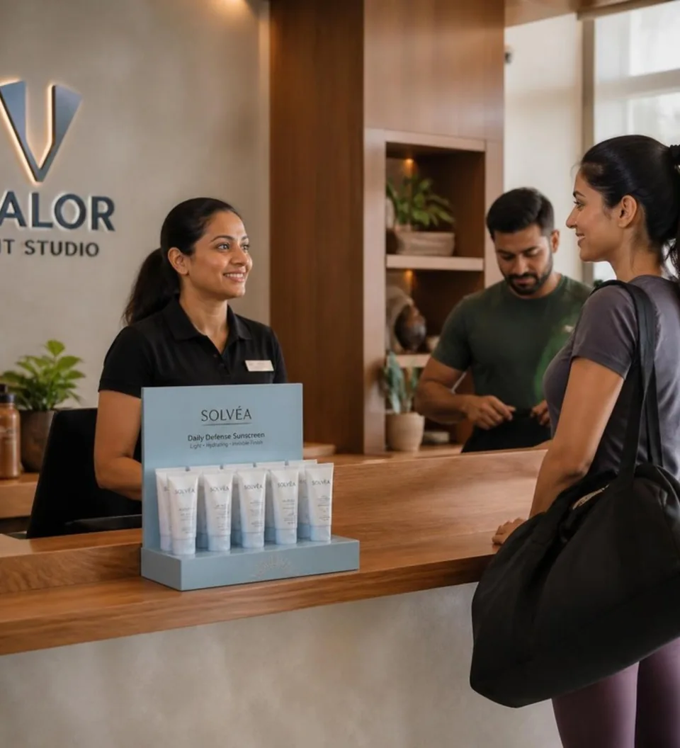 Sealed sunscreen products displayed at a fitness studio reception