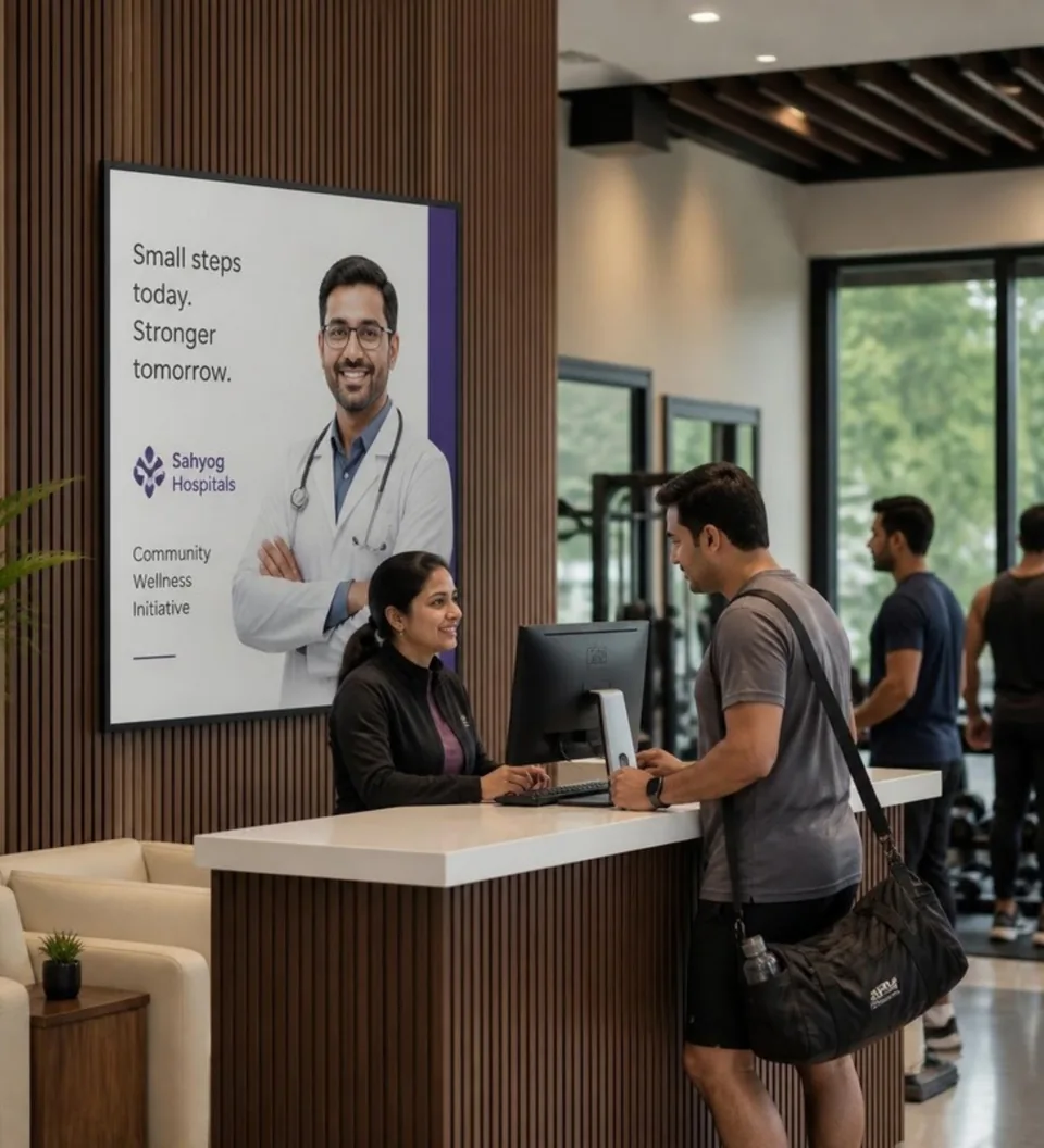 Illustrative hospital awareness campaign displayed in a gym reception