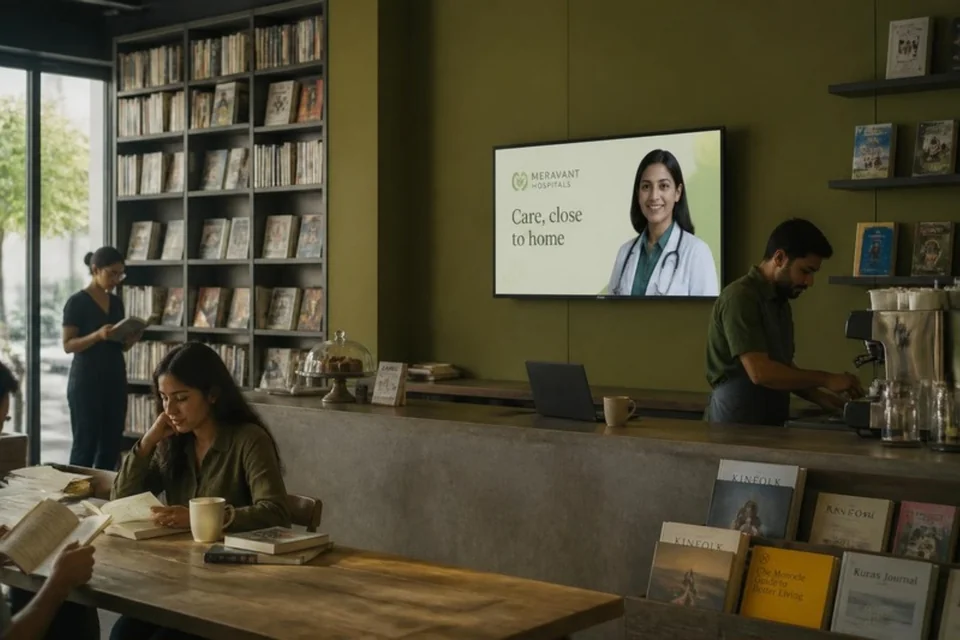 Illustrative hospital community-awareness campaign on a café screen