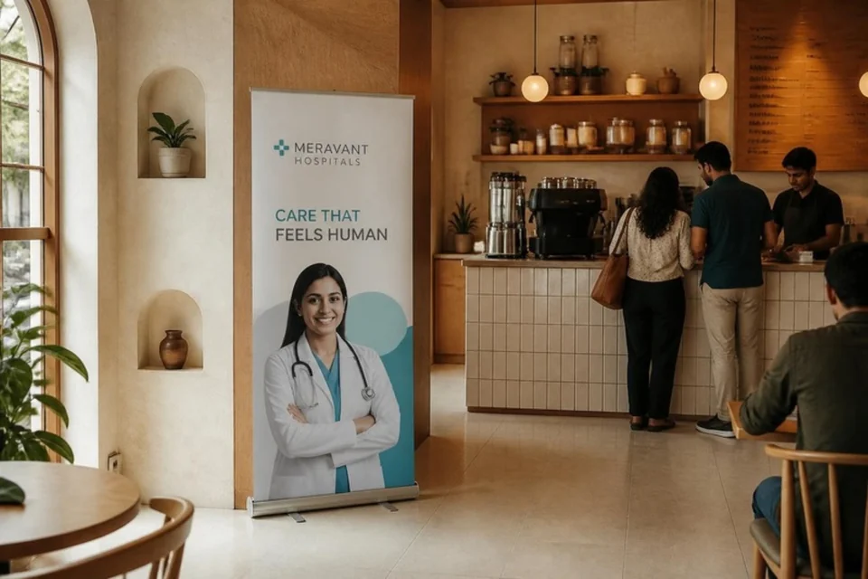 Illustrative printed hospital community-awareness standee
