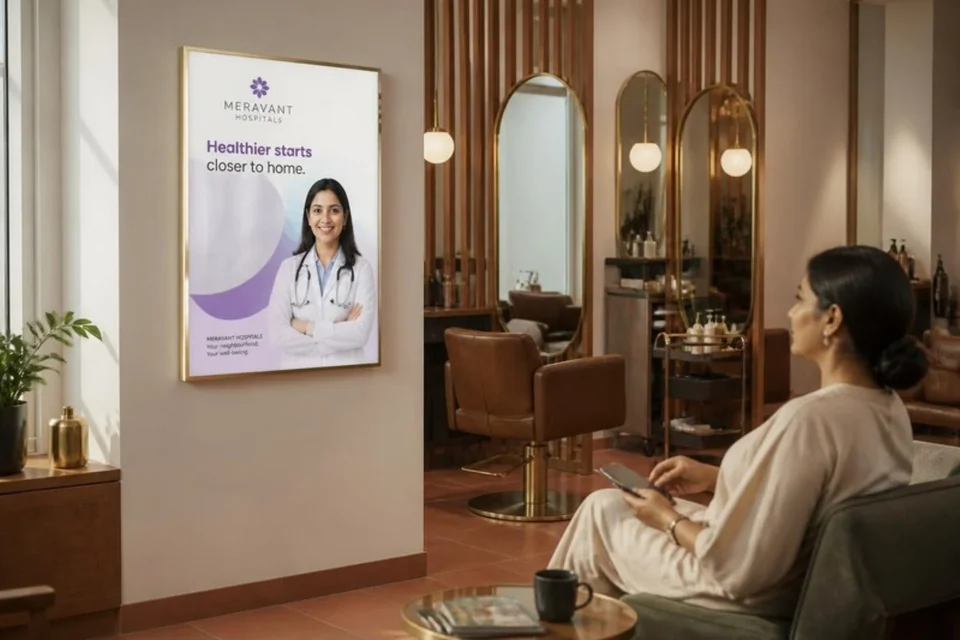 Illustrative hospital community-awareness campaign on a printed LED lightbox