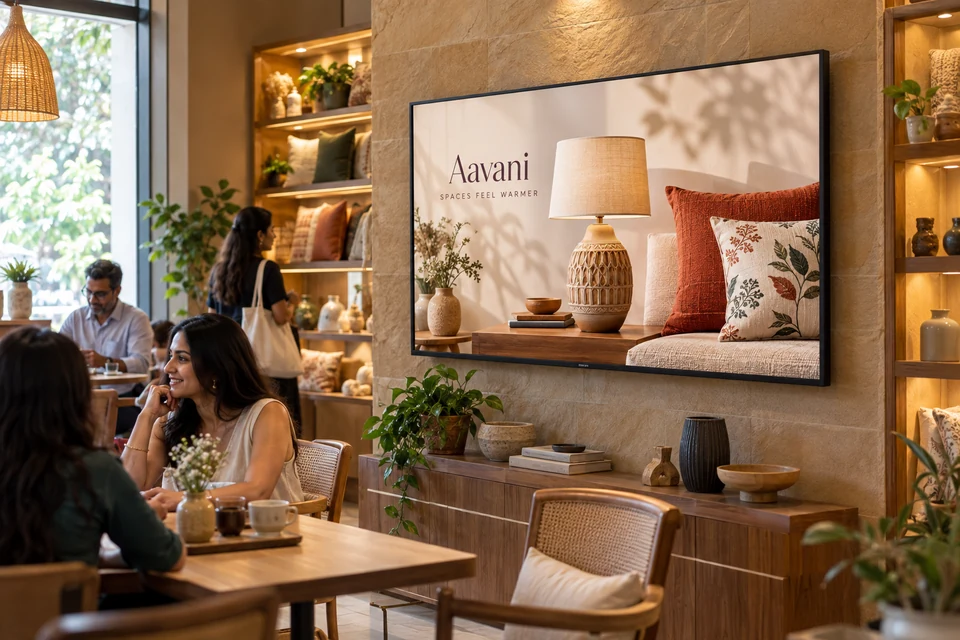 Illustrative home decor campaign using digital screens in an Indian outlet