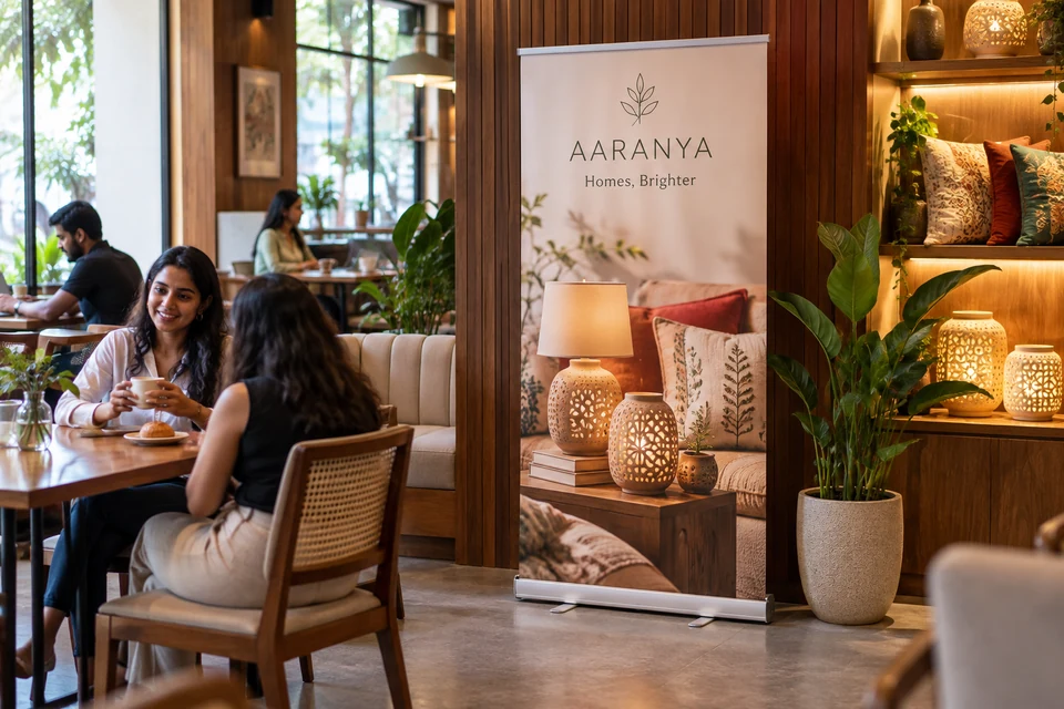 Illustrative home decor campaign using static standees in an Indian outlet