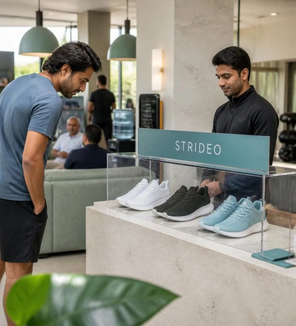 Running shoes displayed in a gym lounge