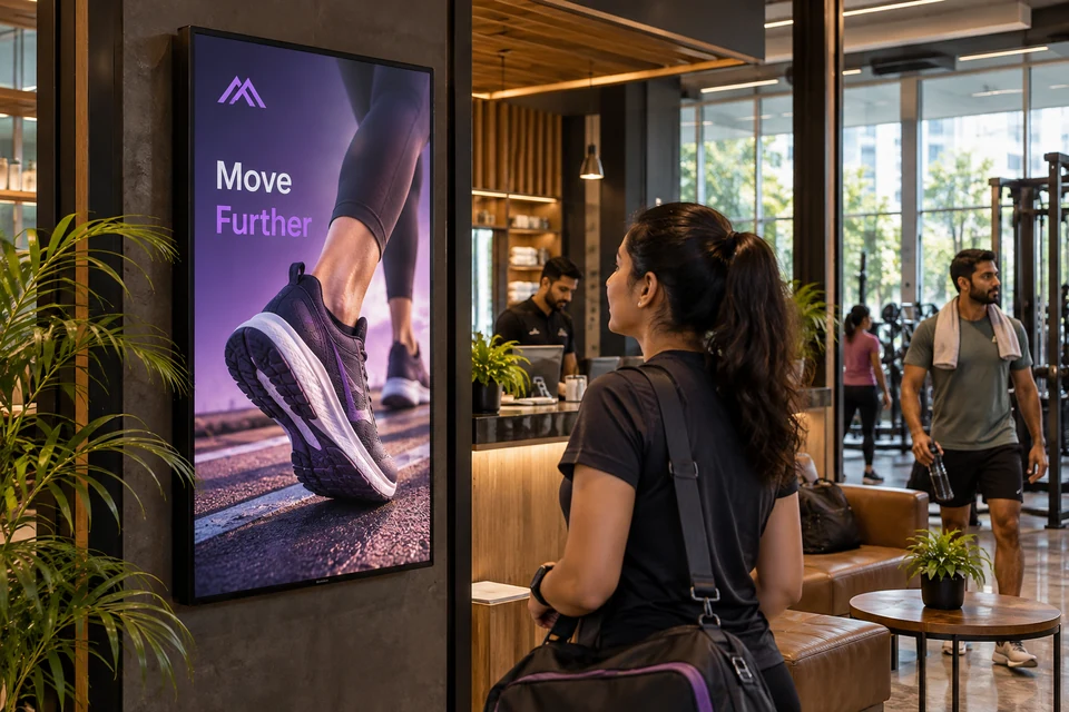 Illustrative sports fitness campaign using digital screens in an Indian outlet