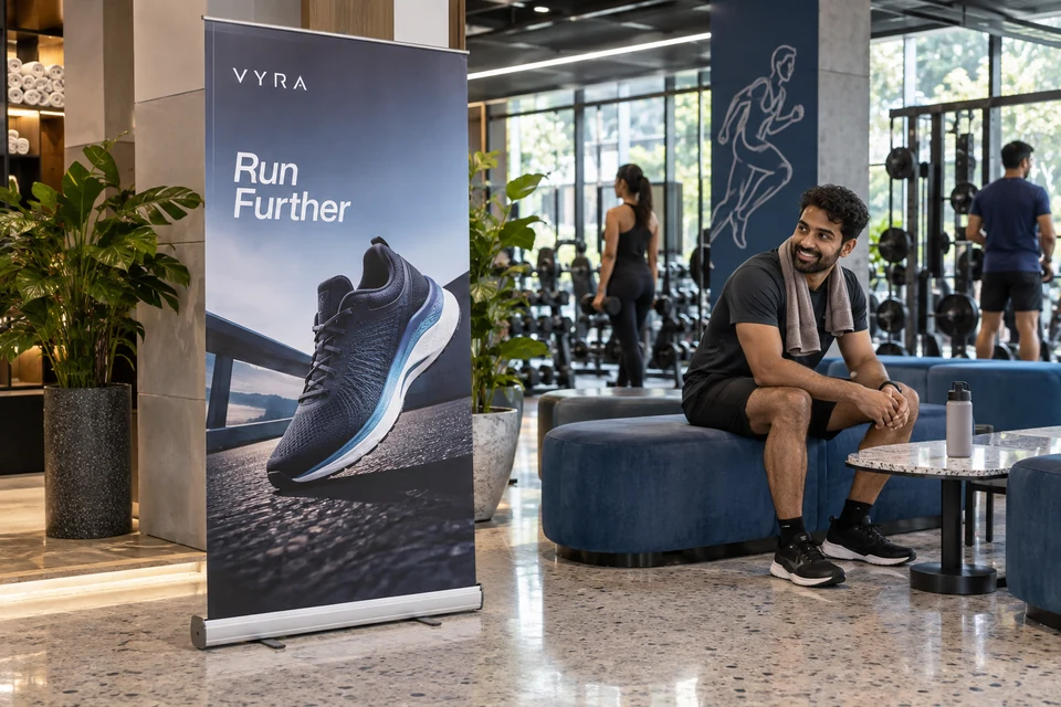 Illustrative sports fitness campaign using static standees in an Indian outlet