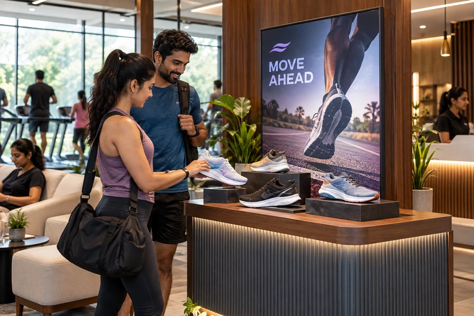 Illustrative sports fitness campaign using product showcases in an Indian outlet