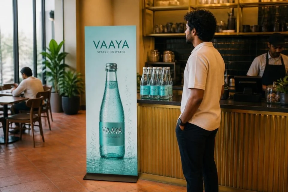 Illustrative beverage campaign and bottles displayed at a café