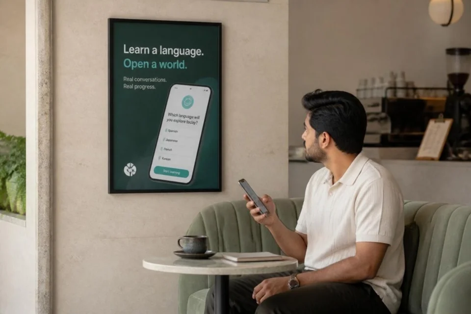 Illustrative café visitor discovering a language-learning app advertisement