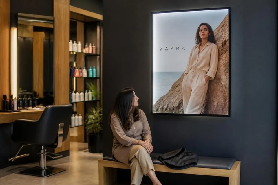 Illustrative fashion campaign displayed in a salon