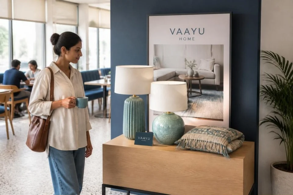 Illustrative lamp and cushion brand display in a café