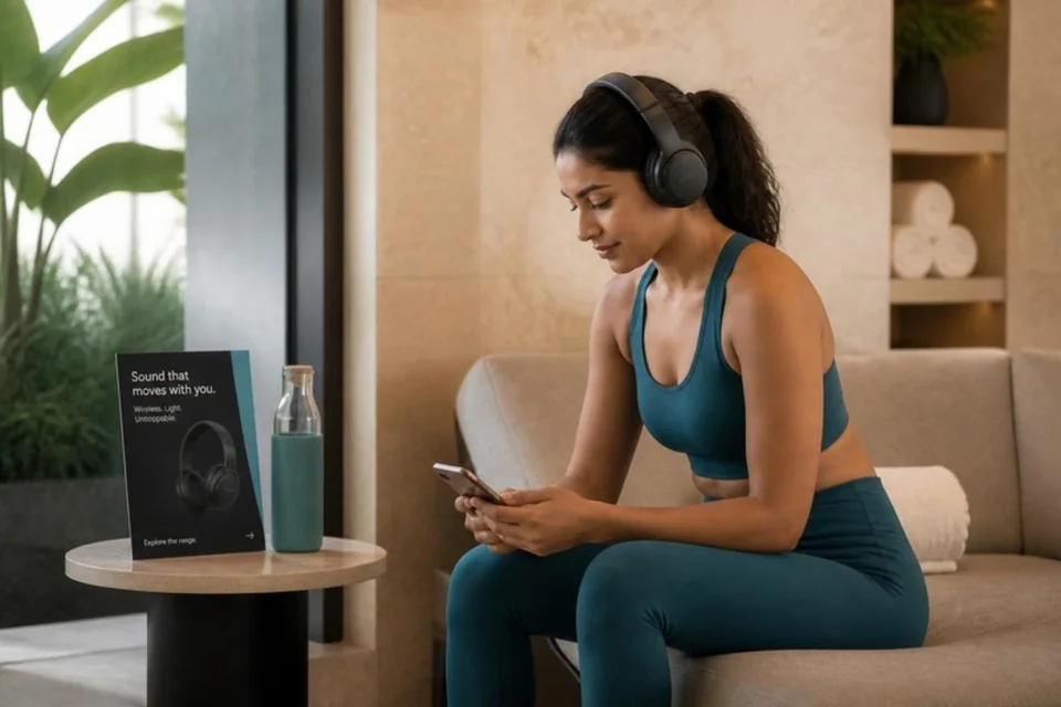 Illustrative fitness-lounge visitor wearing headphones beside a campaign card