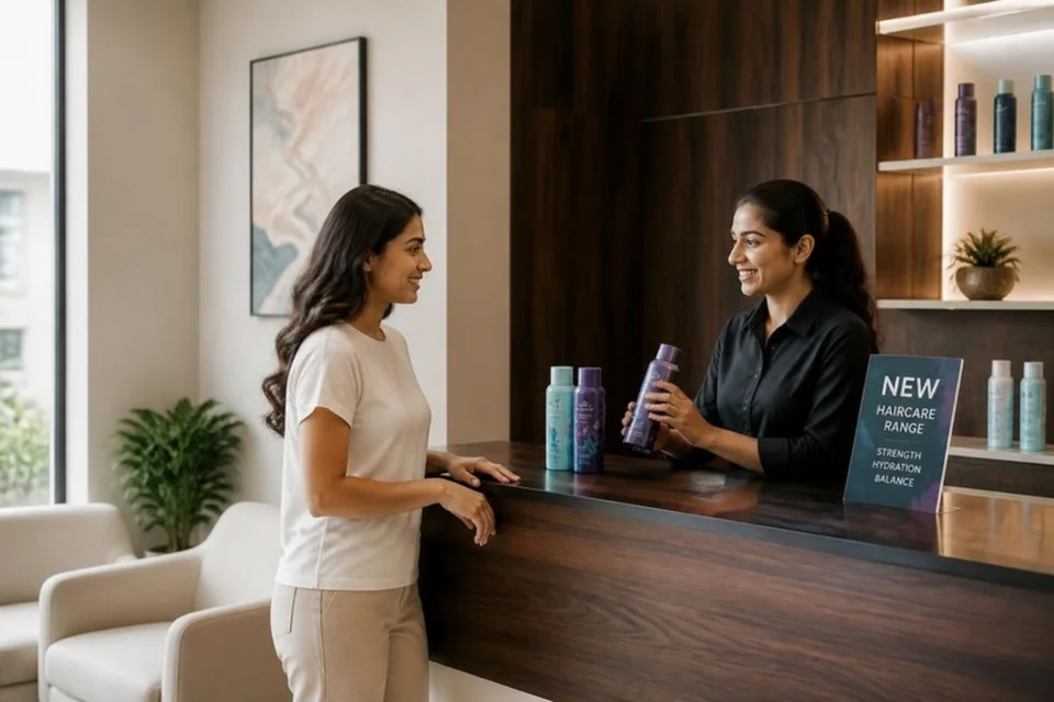 Illustrative sealed haircare products presented at a salon reception