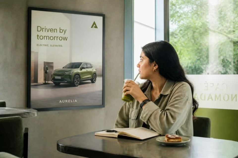 Illustrative car campaign displayed in a café