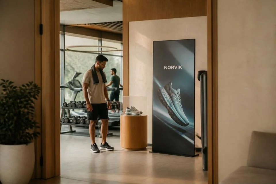 Illustrative running-shoe campaign and shoe display in a gym
