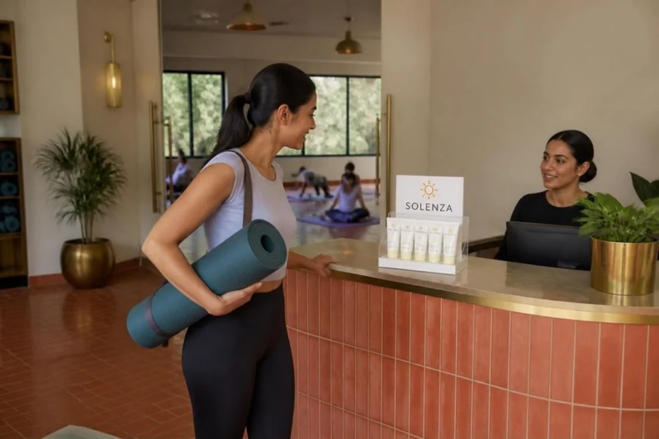 Illustrative sealed skincare products displayed in a fitness studio