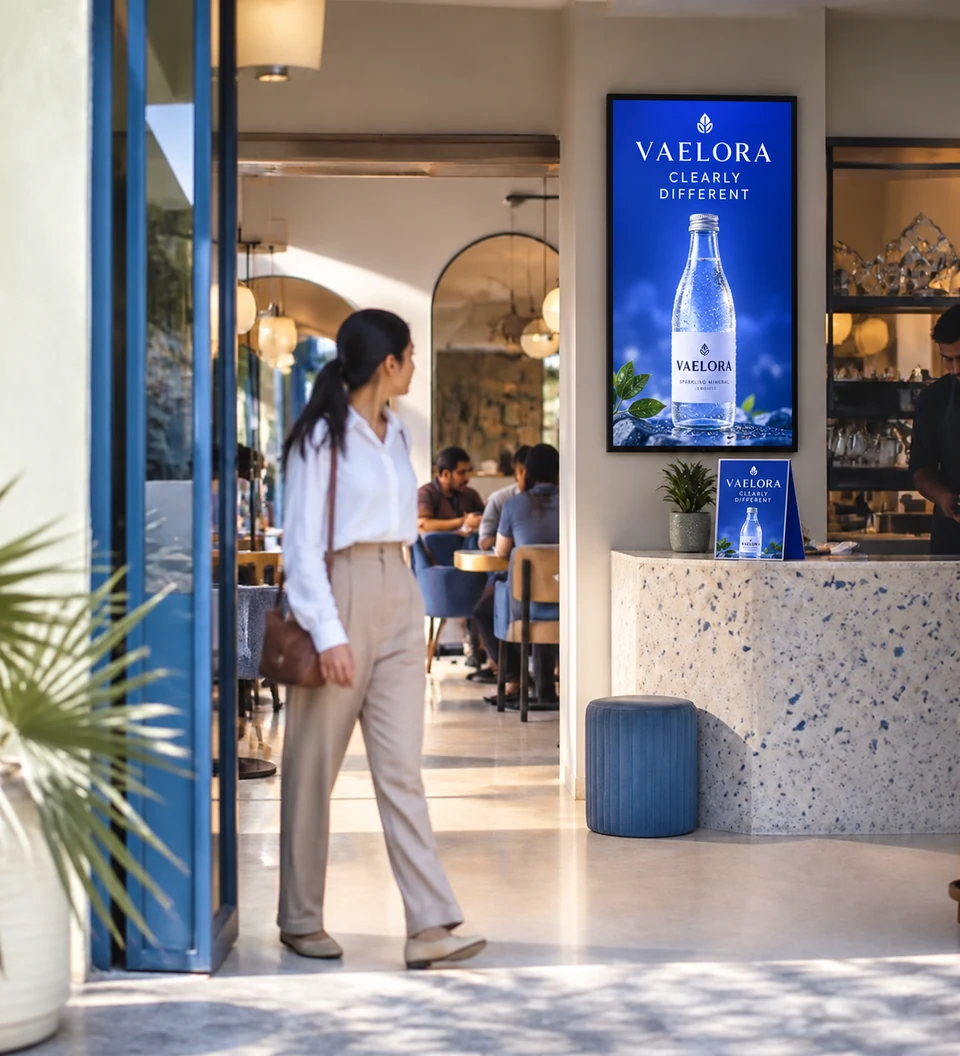 Illustrative beverage awareness campaign at a café entrance