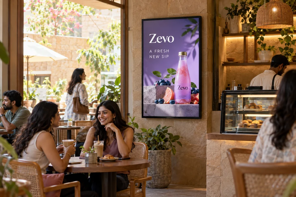 Illustrative brand awareness campaign using digital screens in an Indian outlet