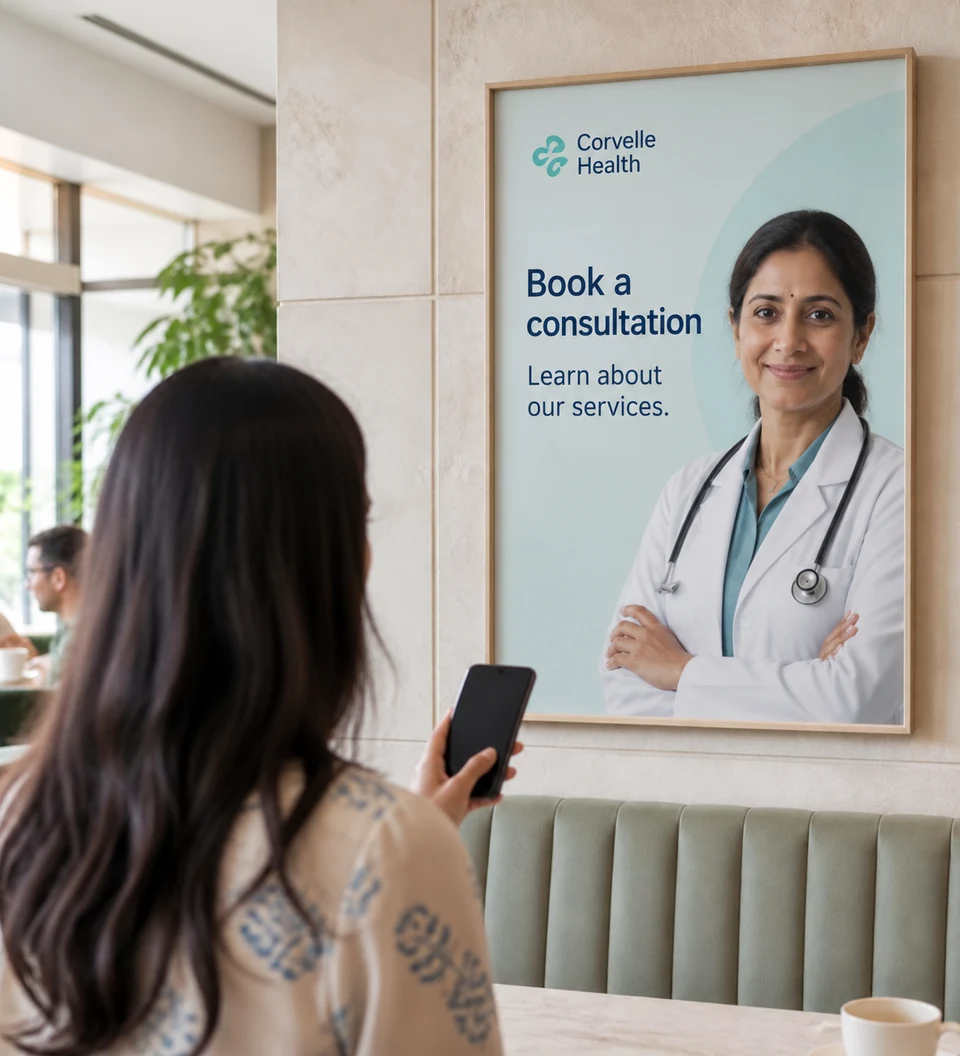 Café visitor holding a phone beside a hospital-service enquiry invitation