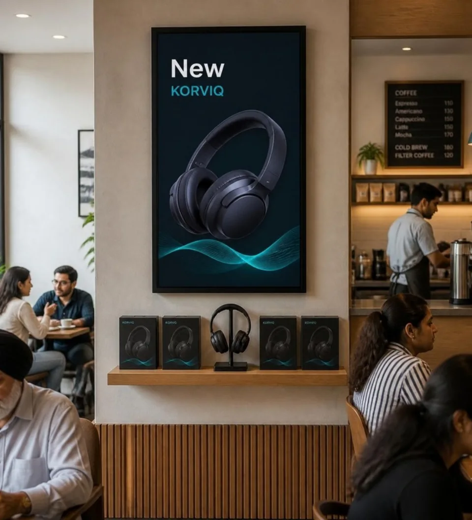 Headphone launch advertisement with product boxes inside a café