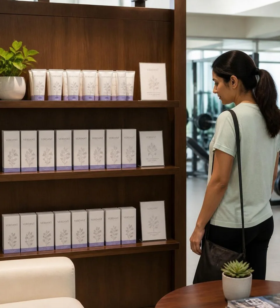 Visitor viewing a skincare product shelf in a fitness lounge